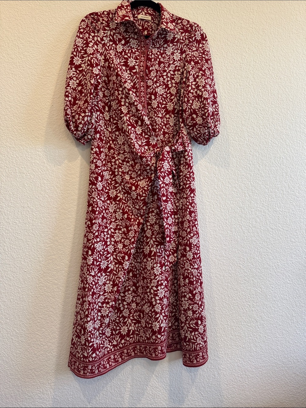 Max Studio Red and White Floral Midi Shirt Dress with Tie Waist